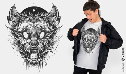 Diseño de camiseta de criatura lobo de ojos blancos.