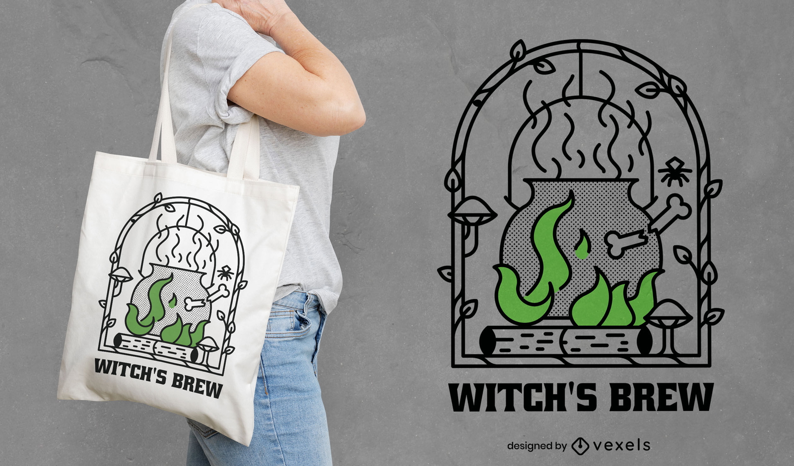 Diseño de bolsa de asas de halloween caldero de bruja