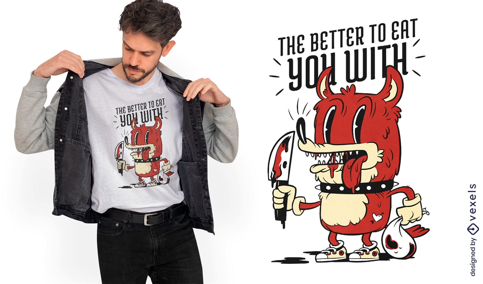 Design de t-shirt de desenho animado de terror de lobo mau