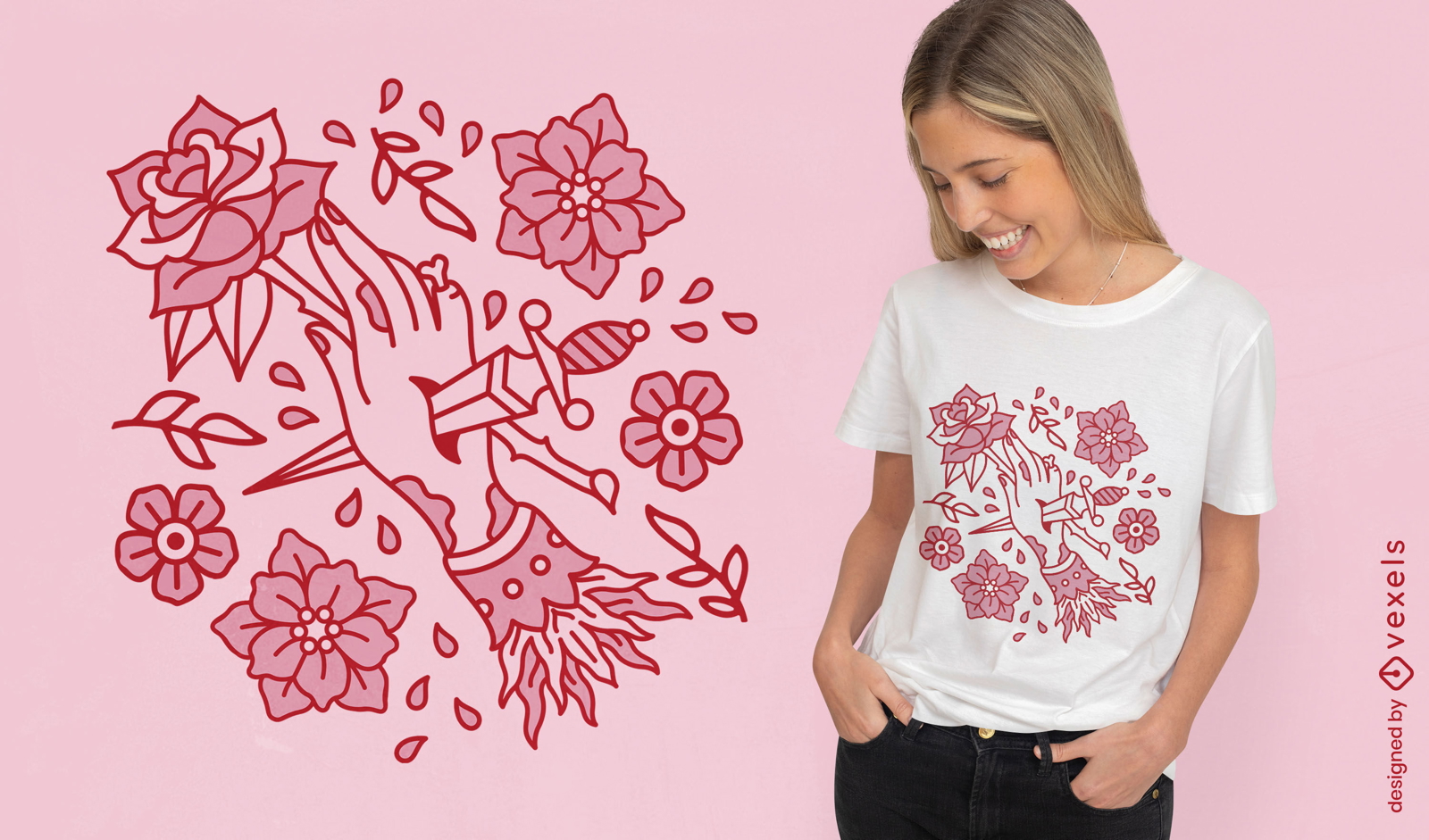 Design de t-shirt de punhal de mão floral