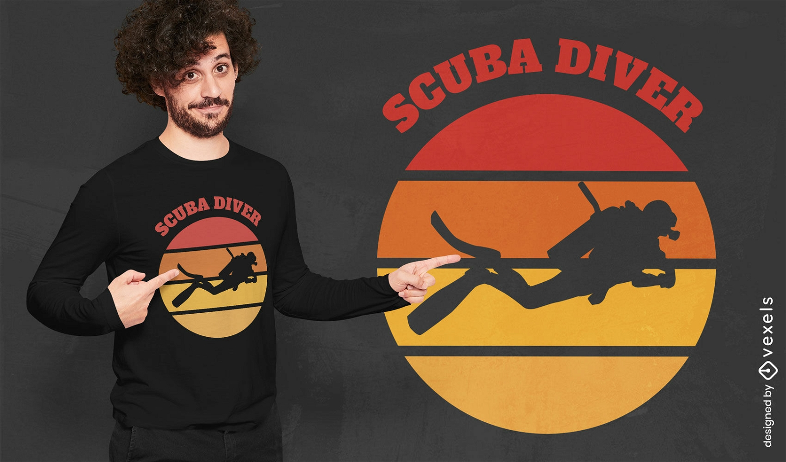Design de camiseta retrô do pôr do sol de mergulhador