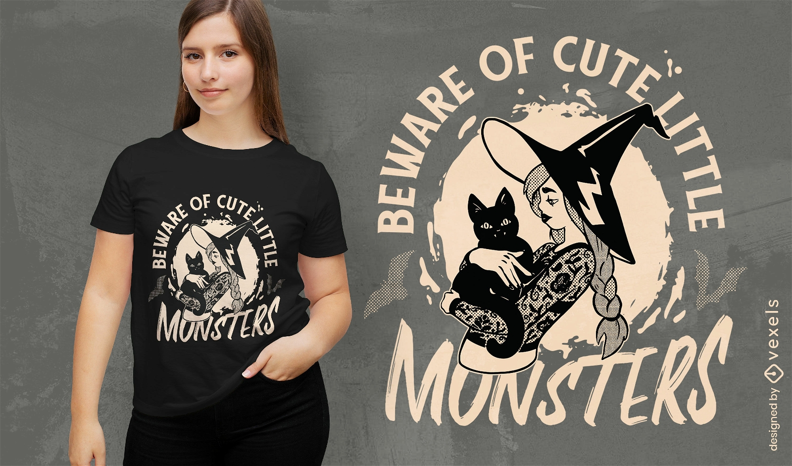 Black cat modern witch t-shirt design