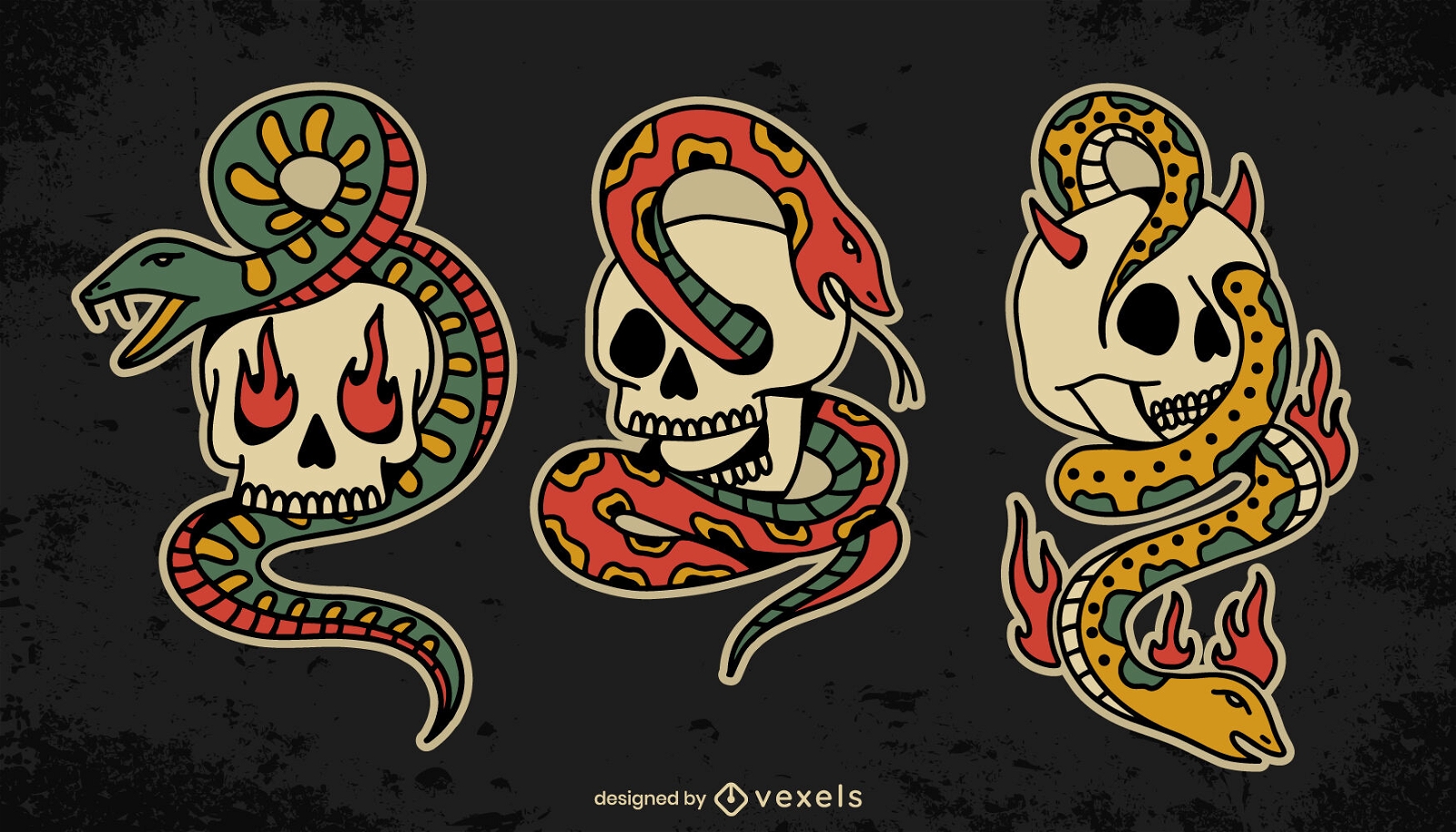 Conjunto de elementos de tatuagem de caveiras e cobras
