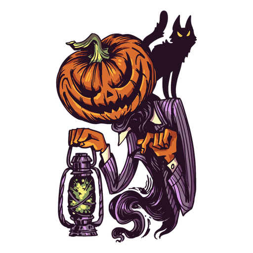 Pumpkin monster black cat character  PNG Design