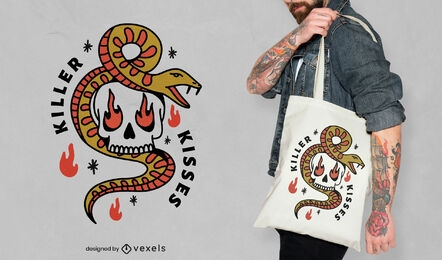 Diseño de tote bag de halloween con serpiente y calavera