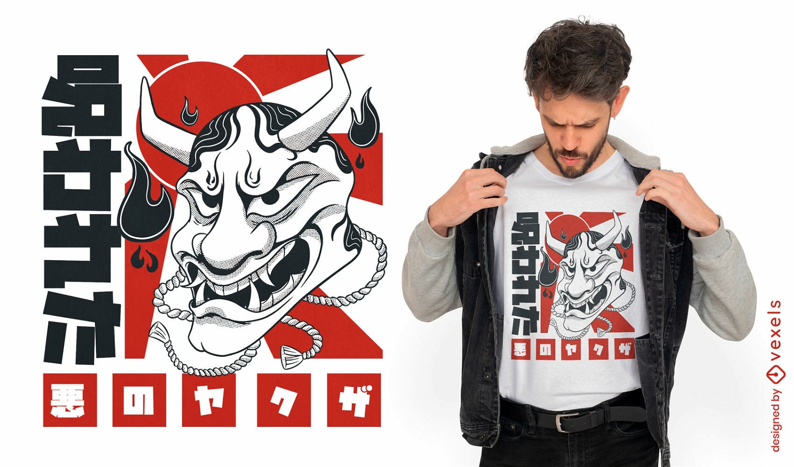 Design de camiseta de desenho animado de demônio japonês