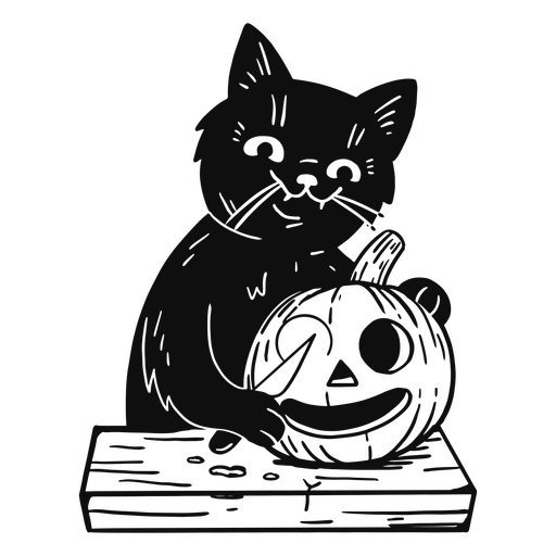 Black cat cutting a pumpkin PNG Design