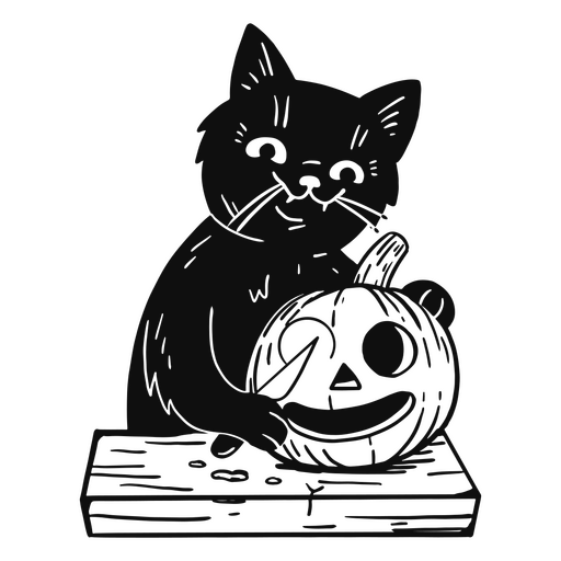 Schwarze Katze, die einen Kürbis schneidet PNG-Design