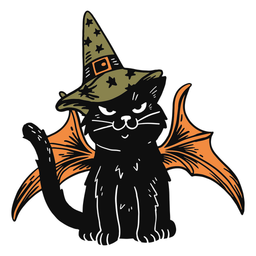 Gato de Halloween con sombrero de bruja y alas de murciélago Diseño PNG