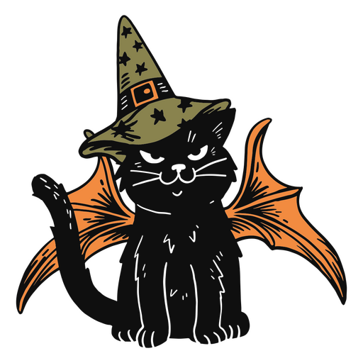 Halloween cat wearing a hat witch an bat wings PNG Design