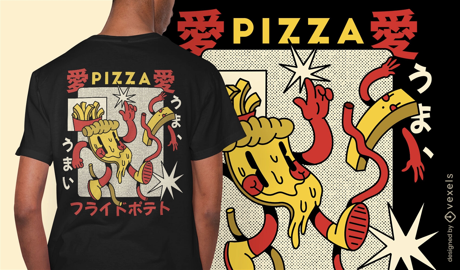 Diseño de camiseta de dibujos animados retro de pizza