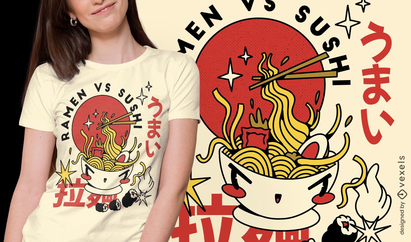 Diseño de camiseta de dibujos animados retro de comida ramen