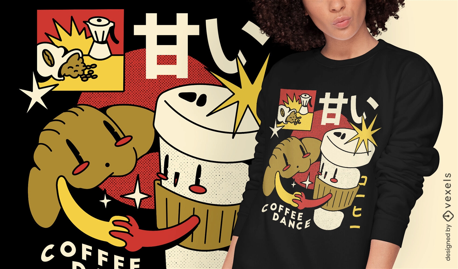 Diseño de camiseta de dibujos animados retro croissant de café