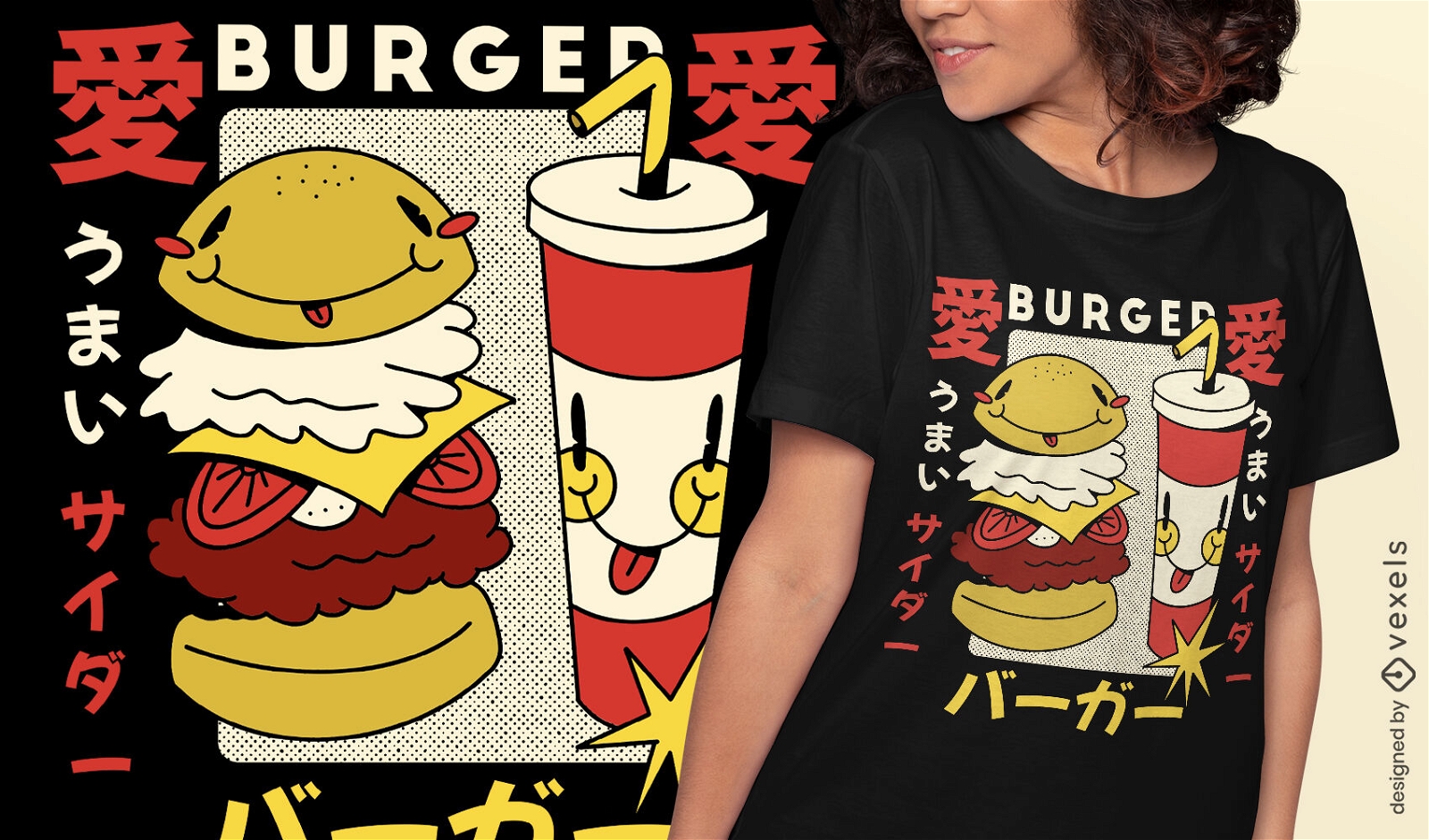Dise?o de camiseta de dibujos animados retro de soda de hamburguesa