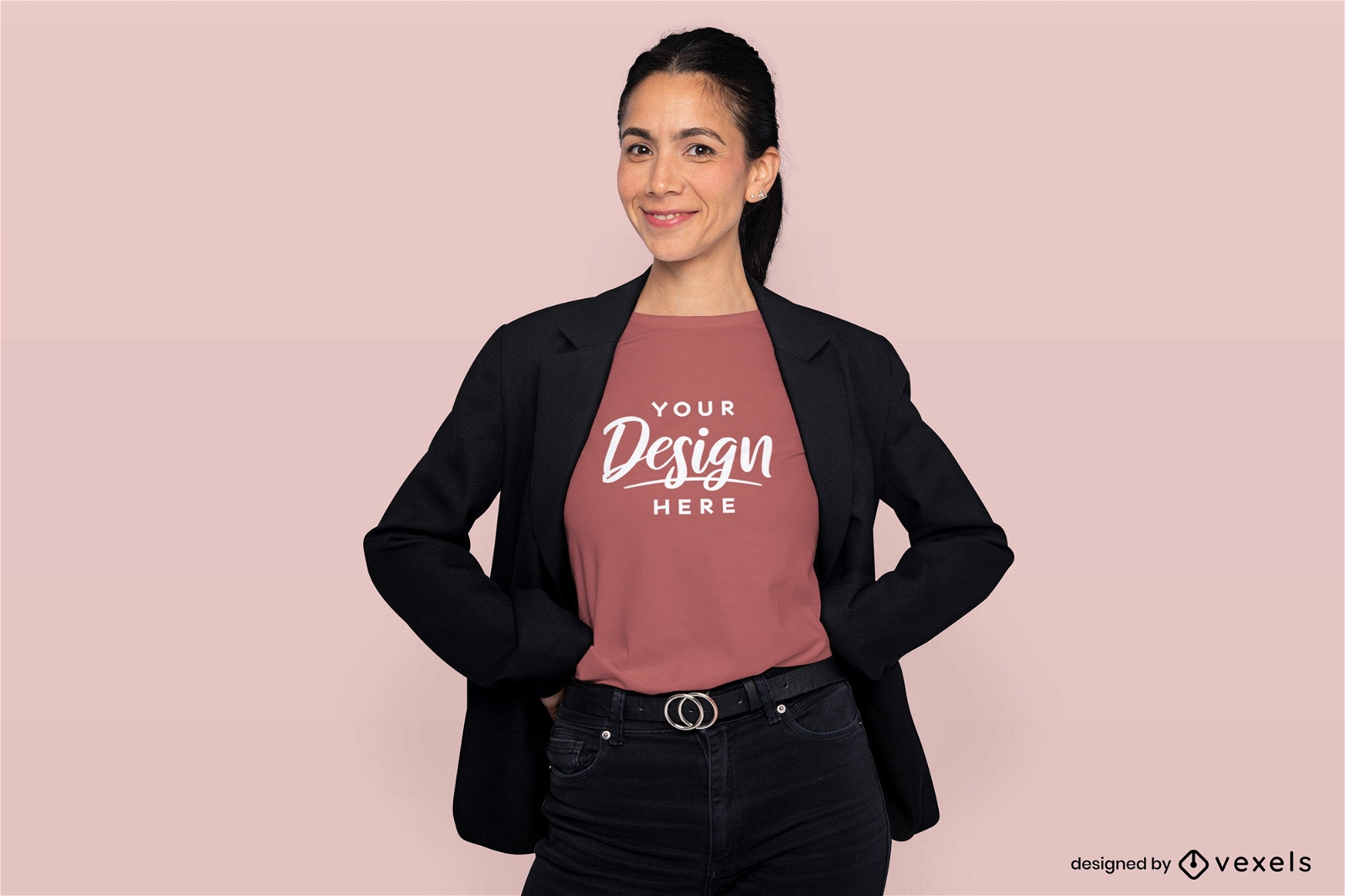 Brunette woman with blazer and t-shirt mockup