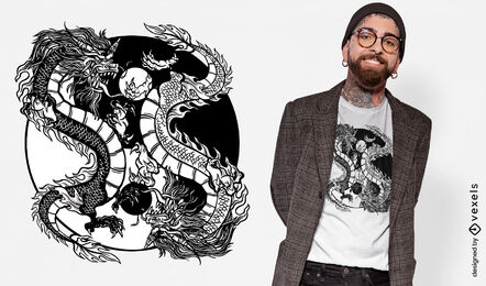 Diseño de camiseta de criatura dragón yin yang