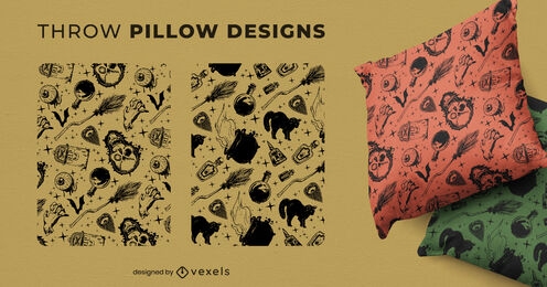 Diseño de almohada de tiro de elementos de bruja de halloween