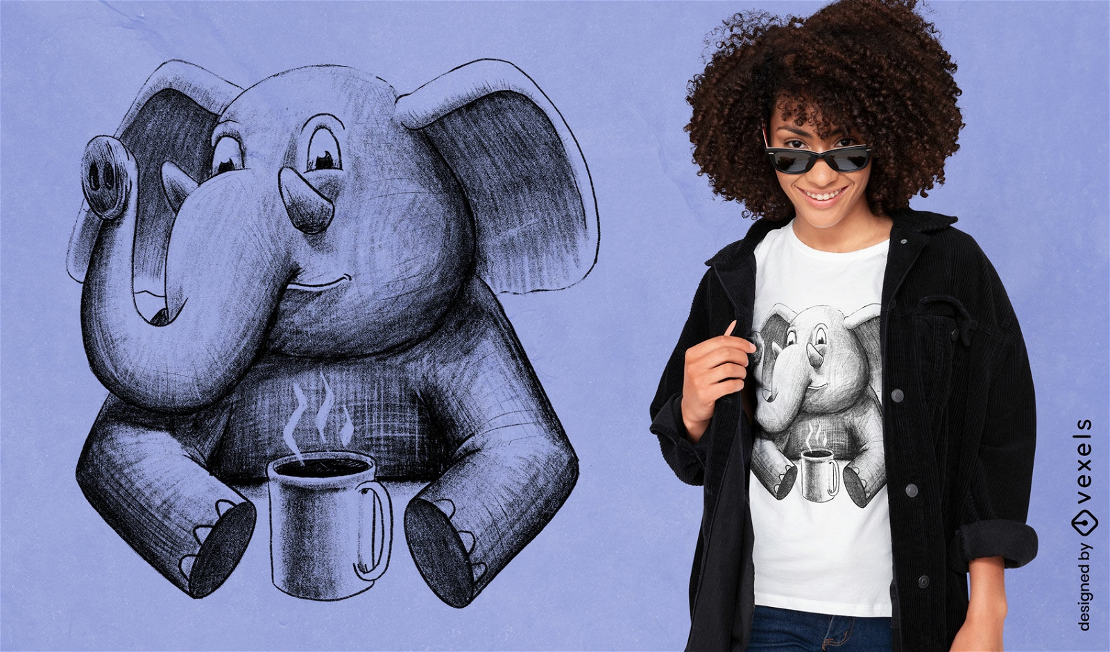 Elefante con diseño de camiseta dibujada a mano de café.
