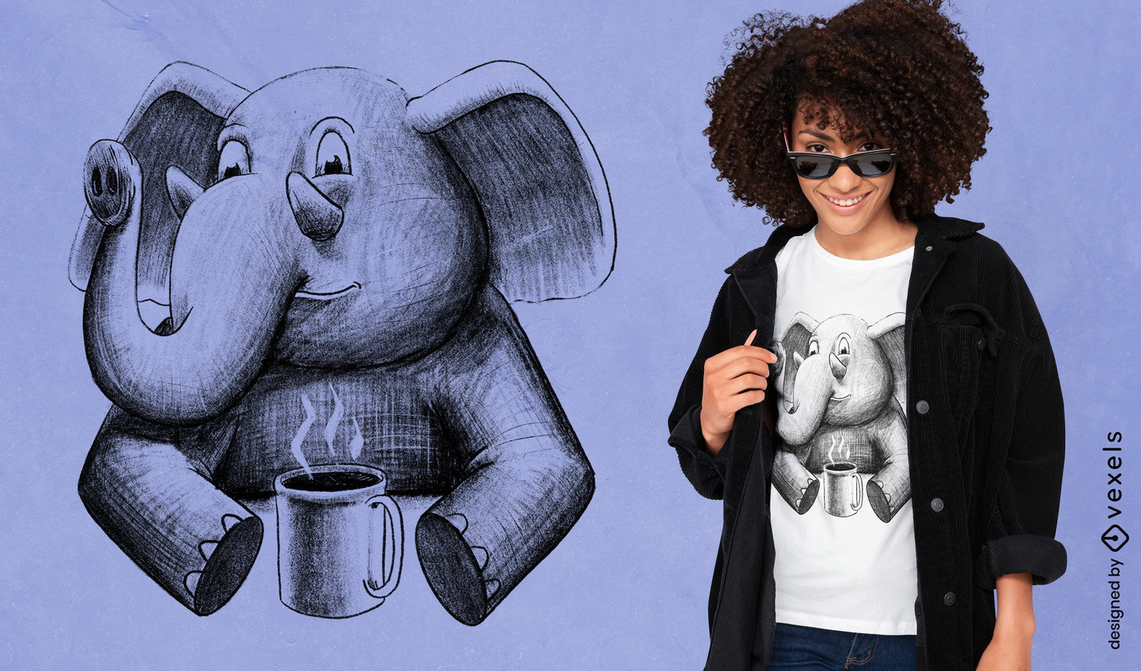 Elefante con diseño de camiseta dibujada a mano de café.