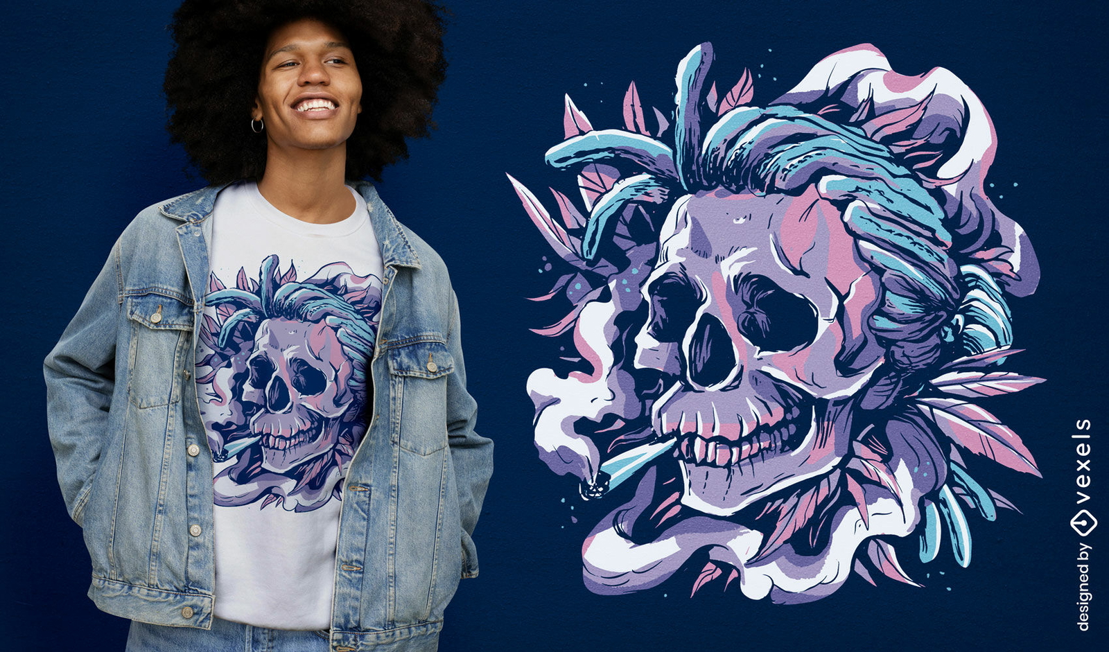 Diseño de camiseta Trippy Skull fumando marihuana