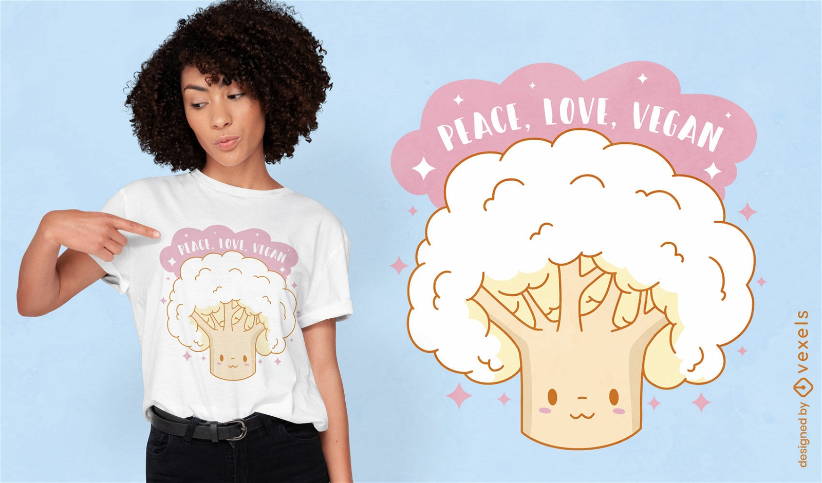 Cute vegan cauliflower character t-shirt design