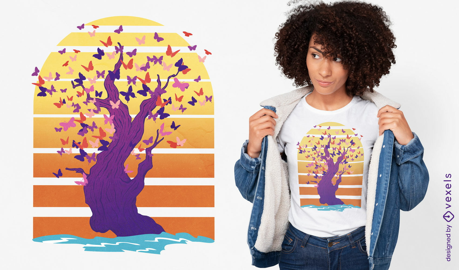 Diseño de camiseta de árbol con mariposas.