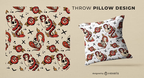 Snake and skull pattern throw pillow design