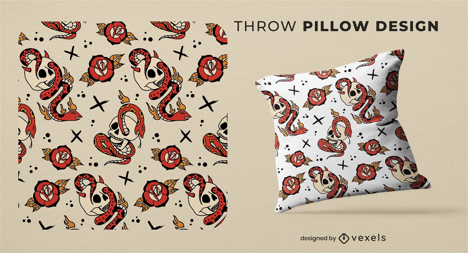Snake and skull pattern throw pillow design