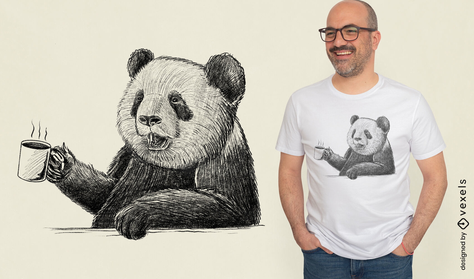 Panda bebendo café desenhado à mão design de t-shirt