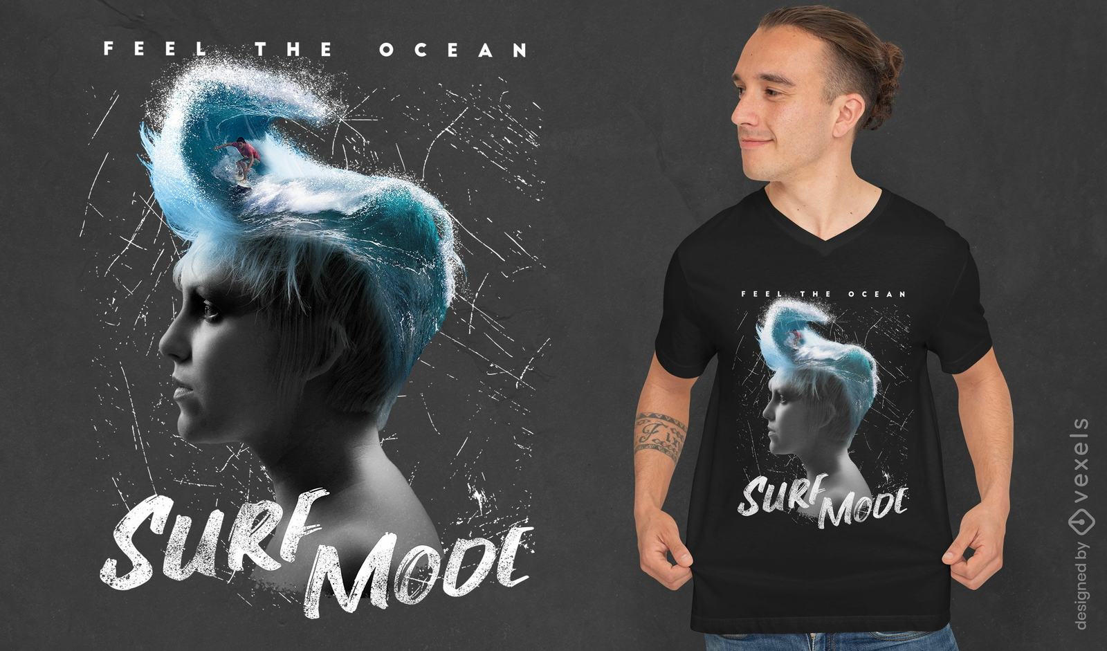 T-shirt de colagem de cabeça de surf psd