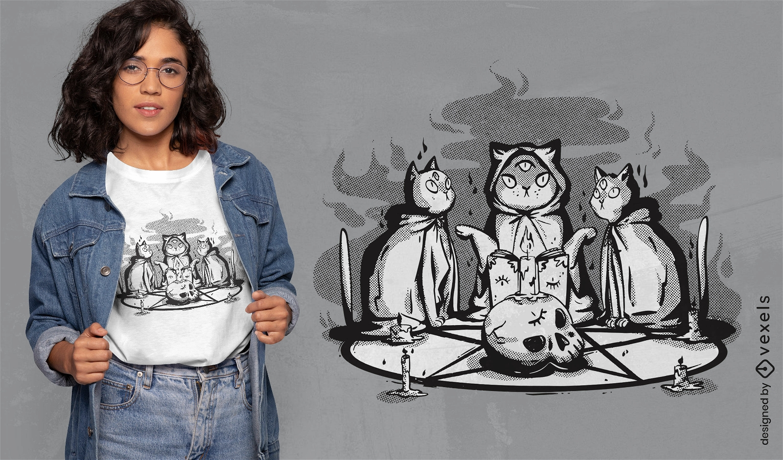 Diseño de camiseta de ritual animal de gato satánico.