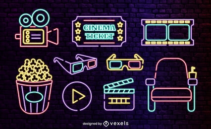 Cinema and movies hobby neon icons set