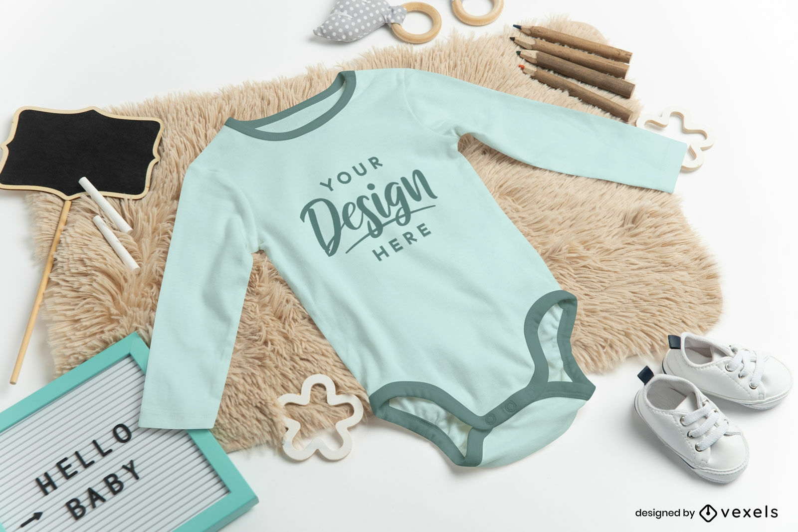Diseño de maqueta de elementos de onesie y bebé.