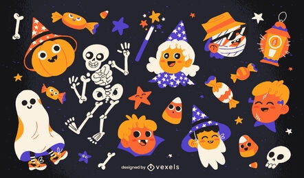 Conjunto de elementos de personajes de halloween planos