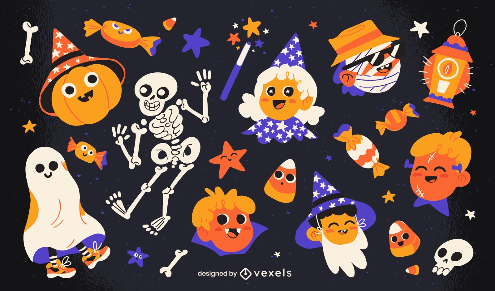 Flat Halloween characters elements set