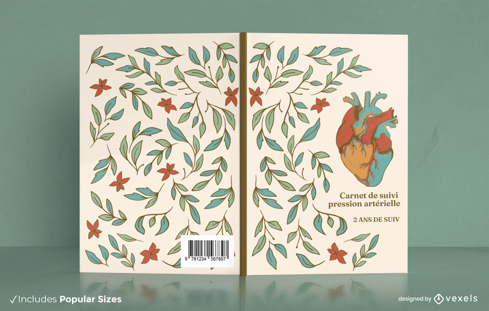 Diseño de portada de libro de corazón y hojas de primavera.