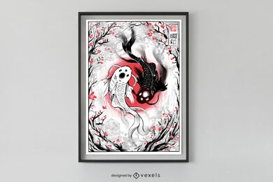 Yin yang koi fishes japanese poster design