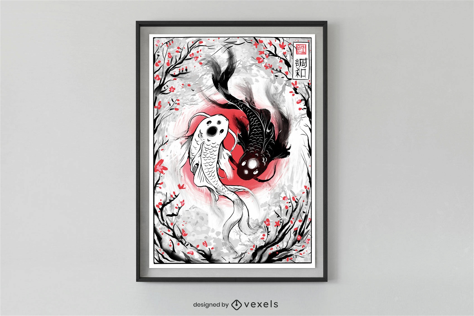Diseño de cartel japonés de peces yin yang koi
