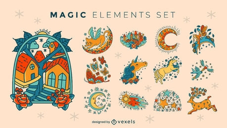 Magic and fantasy unicorns elements set