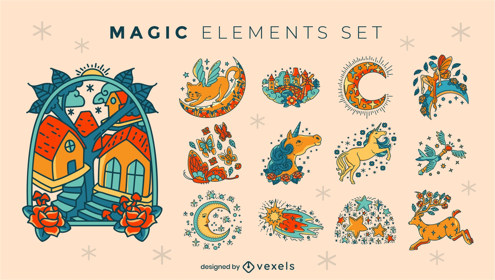 Conjunto de elementos de unicórnios de magia e fantasia
