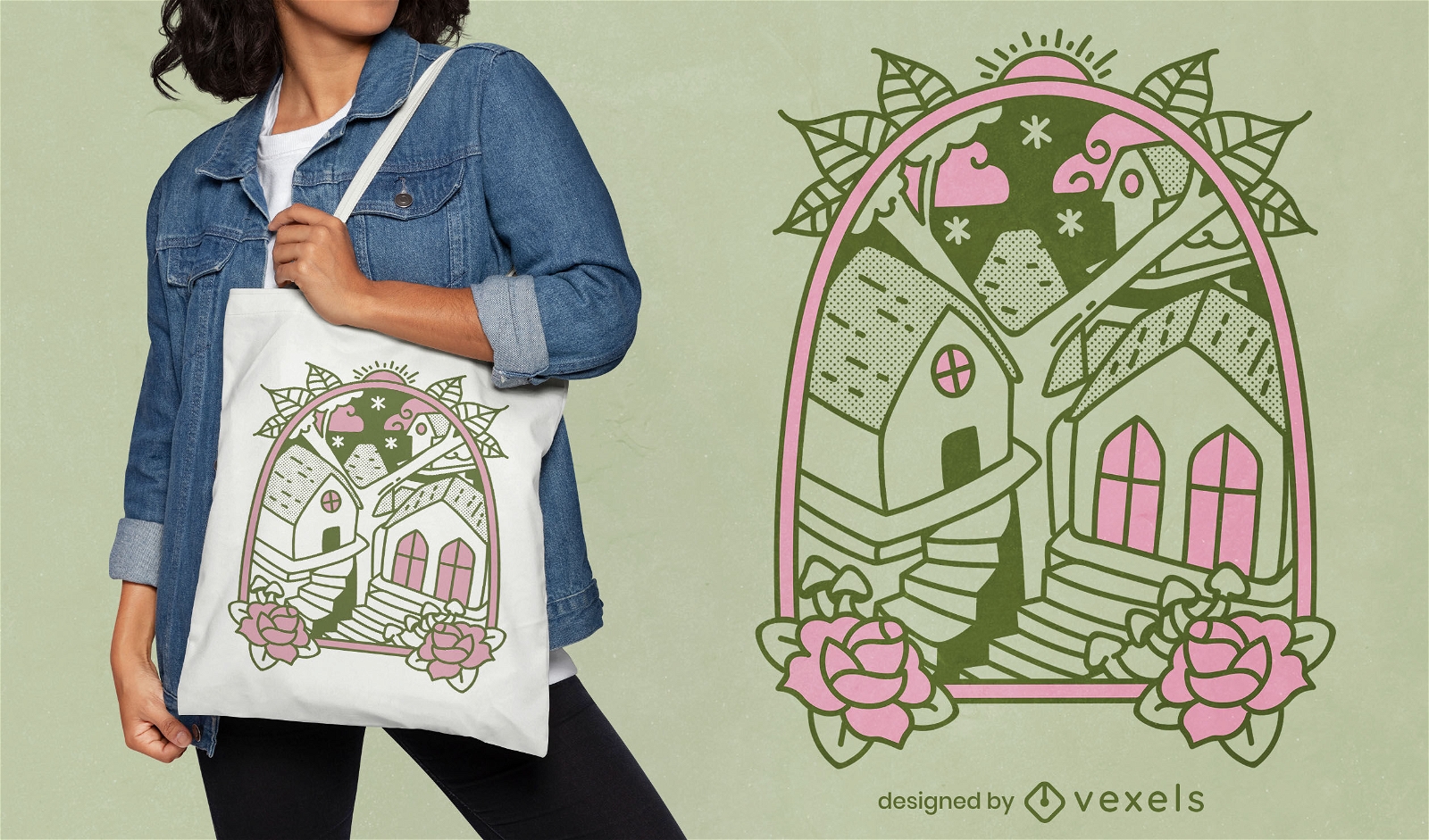 Window to houses in trees tote bag design