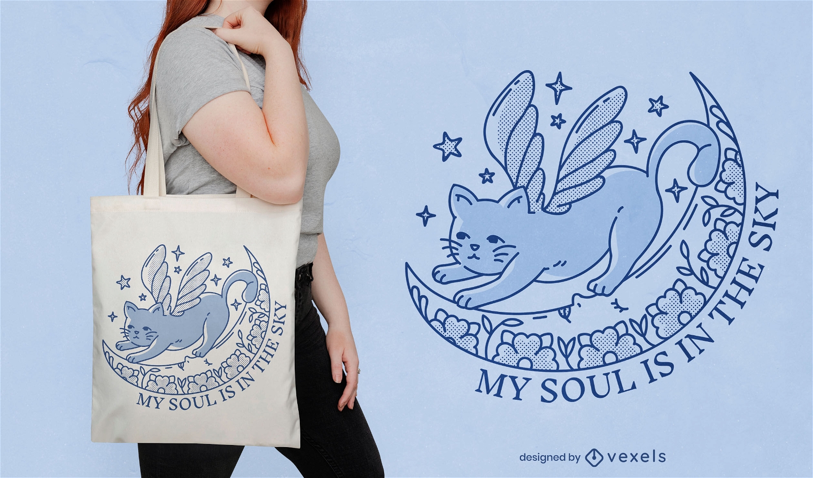 Cat with wings flying tote bag design