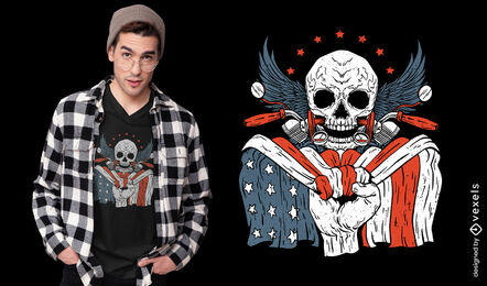 Diseño de camiseta con bandera americana y calavera.