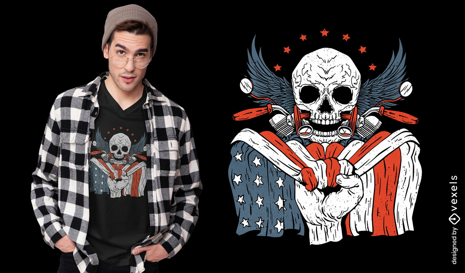 Diseño de camiseta con bandera americana y calavera.