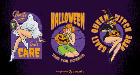 Conjunto de insignias de dibujos animados de personajes de vacaciones de Halloween
