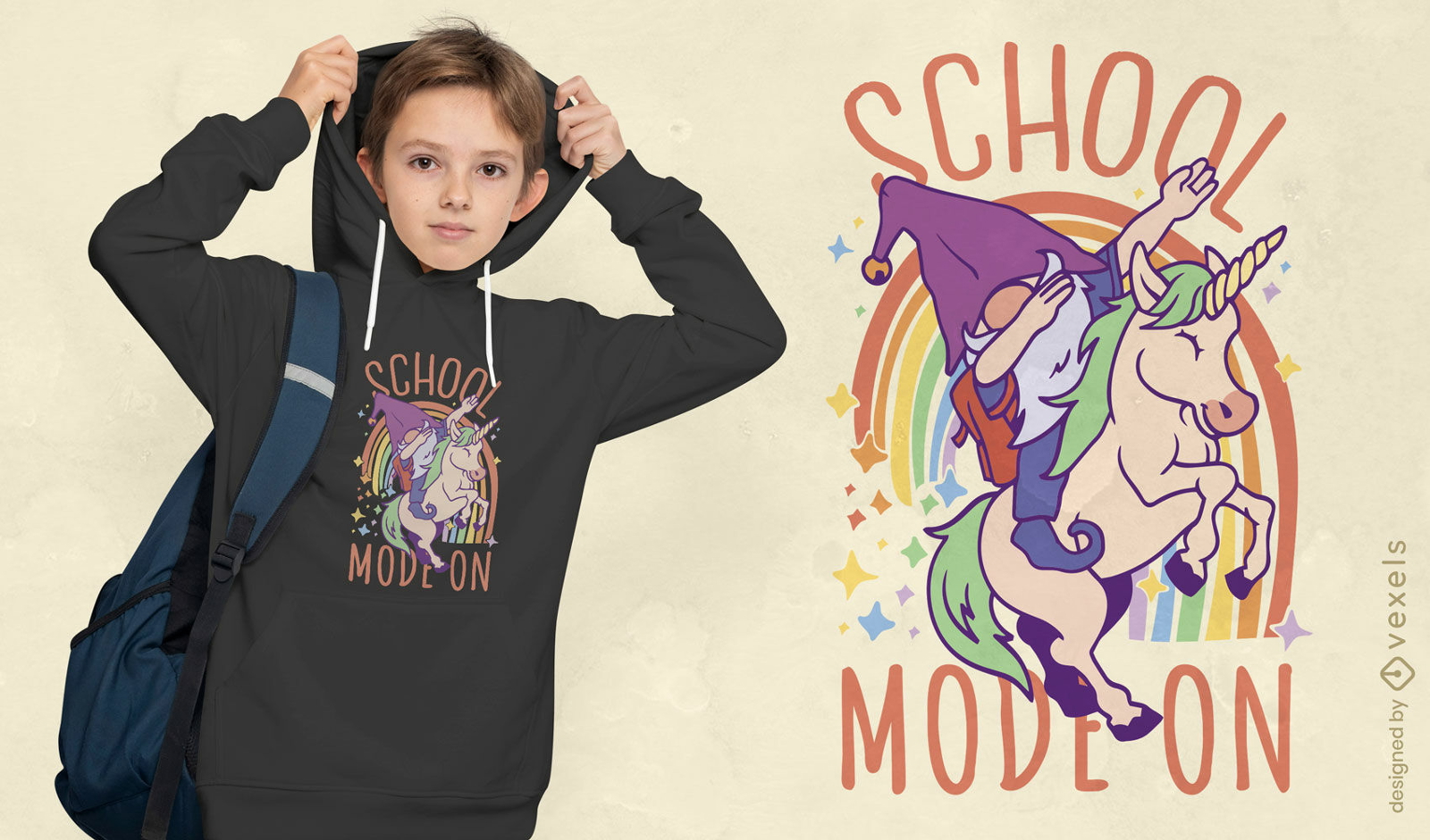 Diseño de camiseta de gnomo y unicornio escolar.