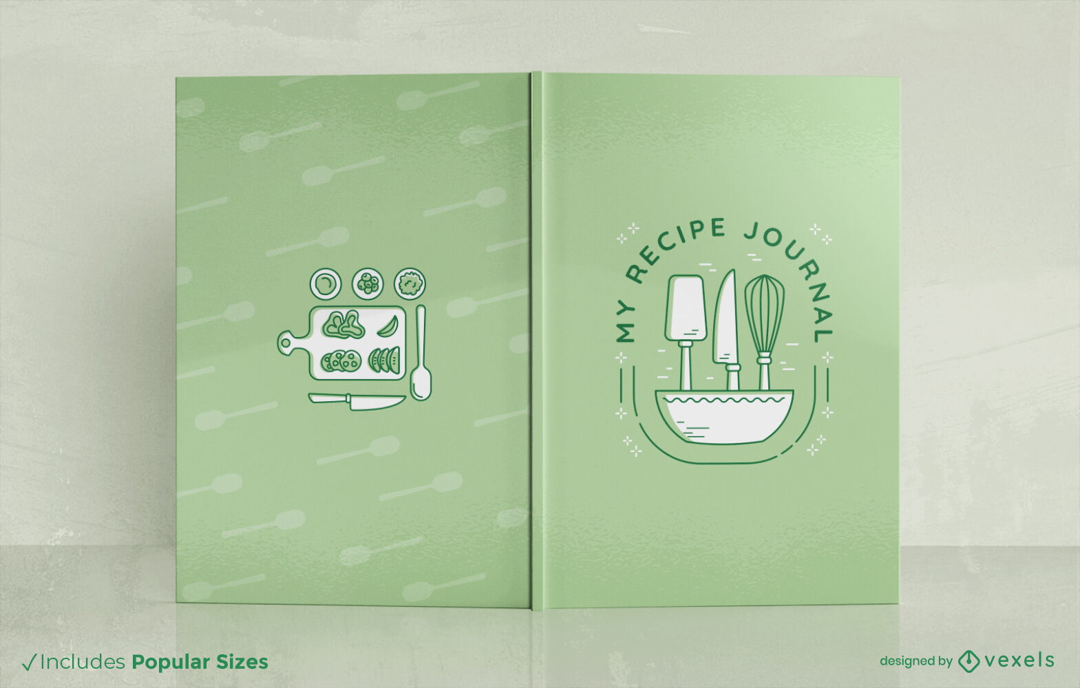 Diseño de portada de libro de diario de recetas verde.