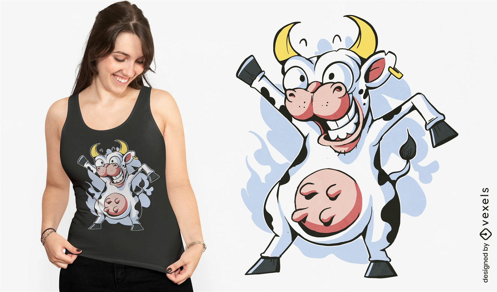 Design de camiseta de personagem de vaca dançante louca