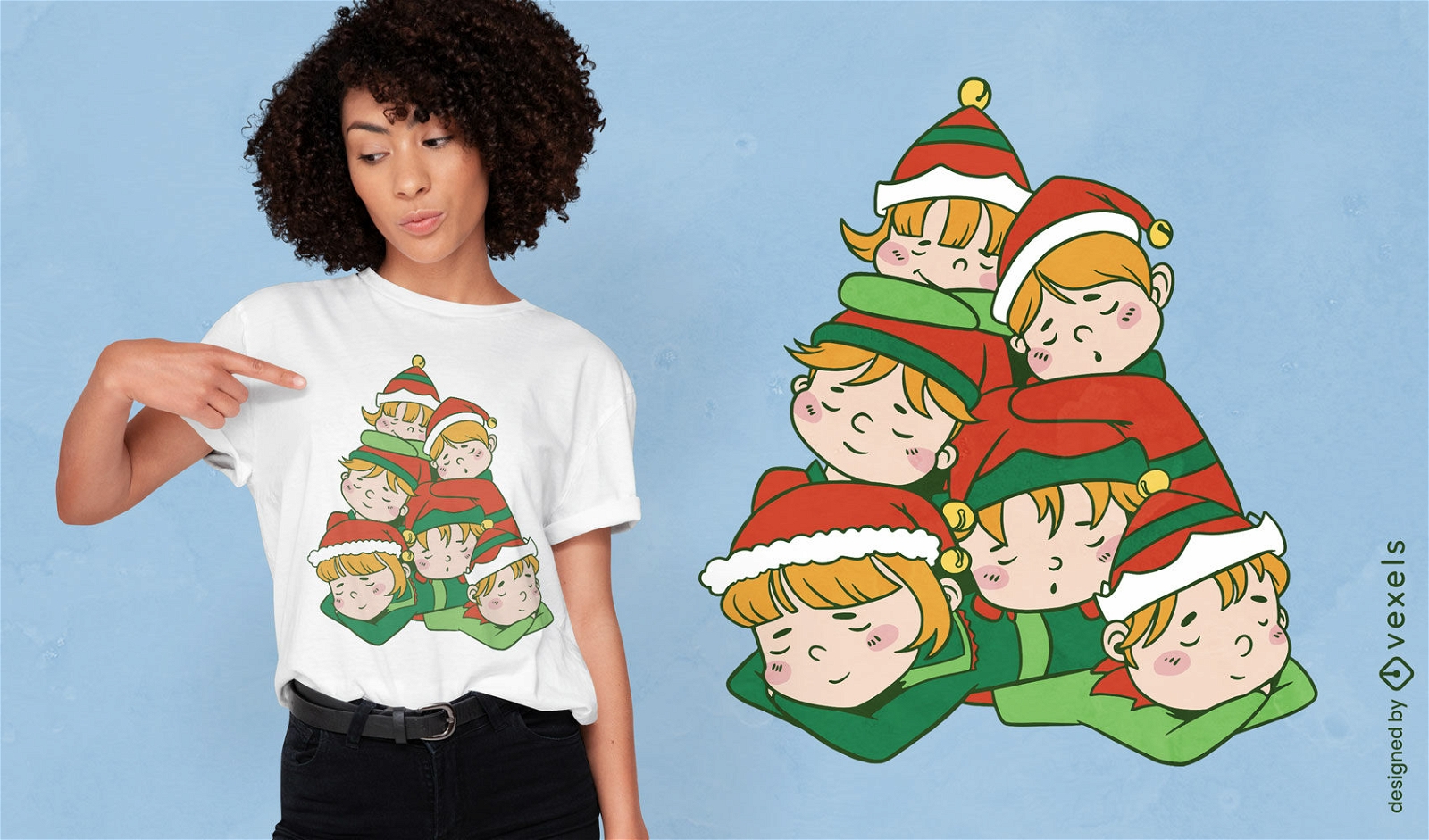 Diseño de camiseta de duendes navideños durmiendo.