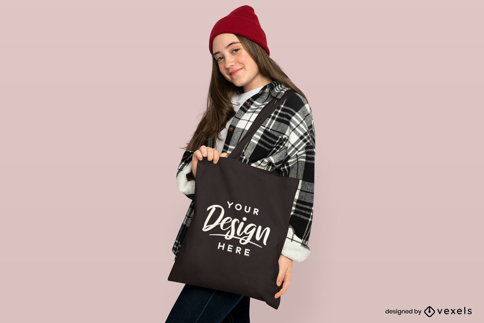 Teen girl with beanie tote bag mockup design